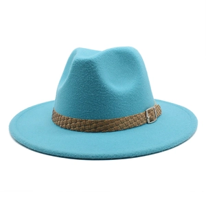 Close-up of sky blue fedora hat with brown woven decorative band and metal buckle