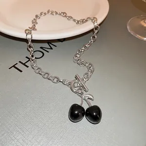 Silver thick chain necklace with black cherry pendants and vintage OT toggle clasp