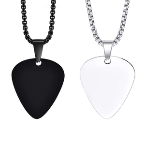 Guitar pick pendant necklaces in black and silver finishes with square box chain