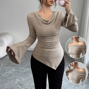 Top In Maglia A Costine Da Donna Collo A Cappuccio Maniche Lunghe A Campana Orlo Asimmetrico Sexy Spalle Scoperte