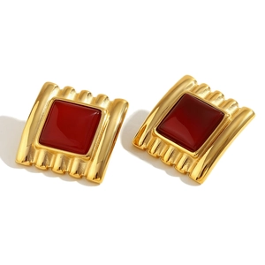 Vintage 18K gold plated stainless steel square earrings with red ruby stone centers