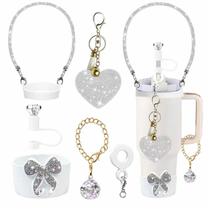 Sparkling silver rhinestone accessories set for tumbler including heart charm and bow sleeve