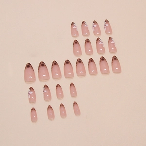 24-piece almond press-on nails set with nude base, leopard print tips, and white flower patterns