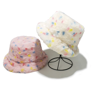 Winter faux fur bucket hat with colorful dots in pink and white plush finish