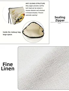 Detail of bird print linen makeup bag with non-slip alloy zipper and spacious interior