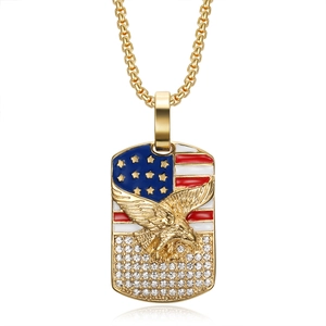 Gold hip hop dog tag necklace with American flag eagle pendant and iced out crystals