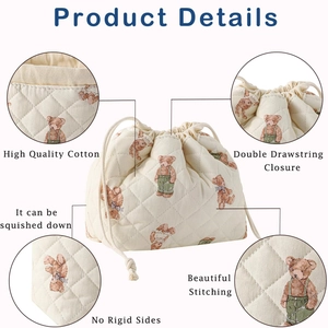 Quilted cotton teddy bear drawstring makeup bag with soft structure and double closure