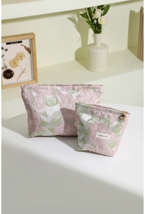 Détails de trousses de toilette en jacquard floral avec fermetures éclair fleurie