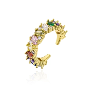 18K gold plated C-shaped ear cuff with multi-color cubic zirconia gemstones on white background