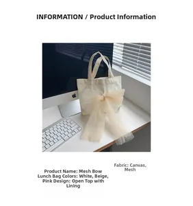 Detail of canvas lunch bag featuring a large mesh bow in a modern office setting