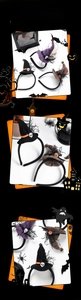 Detail of Halloween witch hat headbands with lace, orange pumpkin and skull ornaments