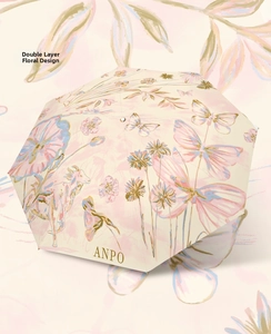 Detail of double-layer folding umbrella featuring artistic floral and butterfly patterns