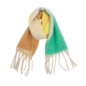 Detail view of multicolored mohair-like scarf with chunky tassels and soft texture