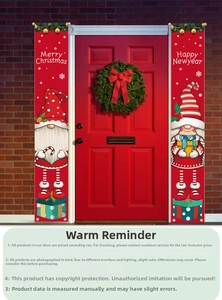 Detail of red Merry Christmas gnomes porch banners set with festive holiday illustrations