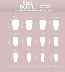 Size chart for short coffin press-on nails showing 24 pieces in 12 different sizes