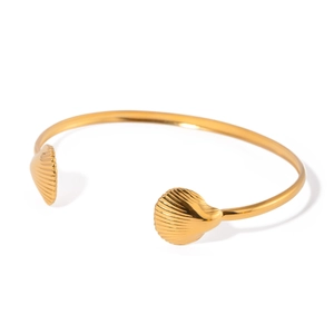 Minimalist 18k gold plated stainless steel open bangle with textured scallop seashell ends