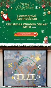 Detail of UV printed Christmas reindeer antlers and hat window decals on a glass display