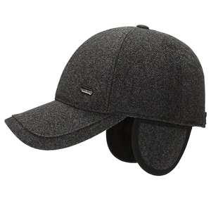 Men's winter grey wool baseball cap with ear flaps shown from a 45-degree angle view