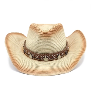 Vintage woven straw western cowboy hat with ethnic coin band and adjustable drawstring