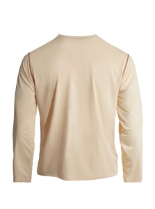 Detail of reinforced back seams on a beige long-sleeve henley shirt for men