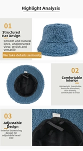 Detail of blue lamb wool bucket hat featuring adjustable inner drawstring and breathable lining