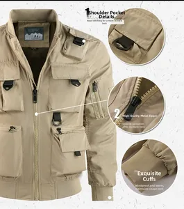 Detailansicht der khakifarbenen taktischen Jacke mit 3D-Taschen und Strickbündchen