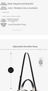 Detailed dimensions of black leather handbag with golden hardware and adjustable strap
