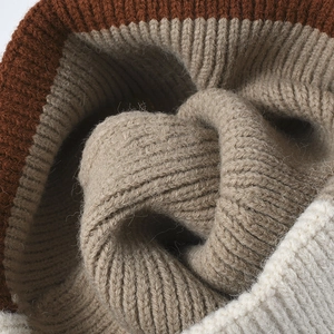 Winter color-block knit beanie with warm ribbed texture in caramel and khaki tones