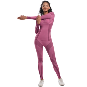 Detail of seamless knit yoga set showing fabric texture and ergonomic paneling