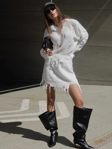 Femme Sweat À Capuche Et Jupe En Tricot Design Troué Distressed Streetwear Tendance Blanc Bord Effiloché
