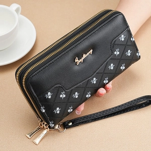 Women Long Wallet PU Leather Quilted Diamond Floral Print Double Zipper Wristlet Strap Elegant Clutch Phone Purse