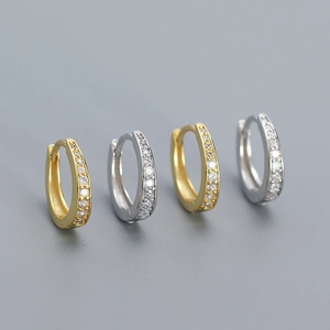 Minimalist S925 sterling silver hoop earrings with row of zircons in gold and silver
