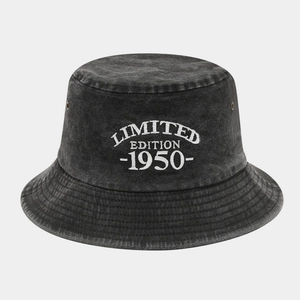Detailed embroidery of LIMITED EDITION 1950 on washed cotton grey bucket hat