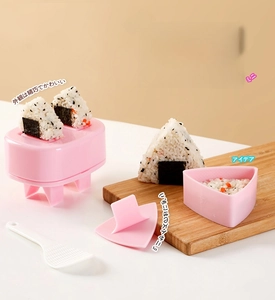 Pink triangle onigiri mold set with rice paddle and double forming base for kids