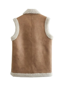 Rear view of vintage brown faux suede vest with white faux shearling lining and trim