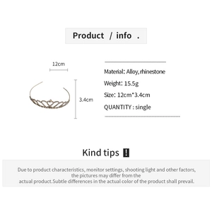 Detailed size chart for silver alloy heart crown headband with rhinestone dimensions