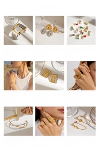 Collezione di anelli a fiori, bracciali e orecchini in acciaio inossidabile placcato oro