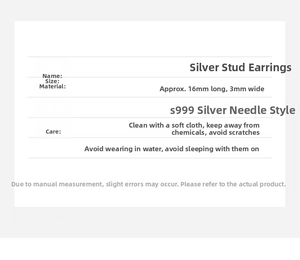 Detailed size and care chart for S999 sterling silver stud earrings 16x3mm