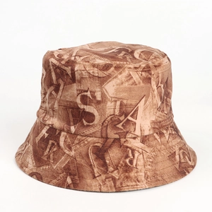 Detailed texture of vintage suede bucket hat with retro letter print and ribbed fabric