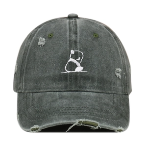 Vintage gewaschene dunkelgraue Baumwoll-Baseballkappe mit Panda-Stickerei auf Weiß