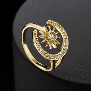 Elegant 18K gold star and crescent moon open ring with sparkling zircon stones