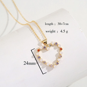 Golden heart pendant necklace with pearls and colored zircons, length 38+7cm