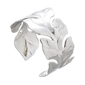 Polished silver metal cuff bracelet featuring realistic overlapping leaf design and carving