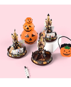 Halloween party tiered castle trays and pumpkin-shaped treat containers for table decor