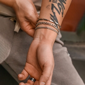 Men's silver titanium steel bamboo Cuban link chain bracelet set in a layered hip-hop style