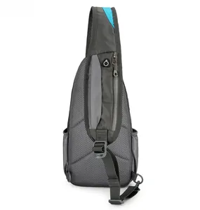 Detail view of breathable honeycomb mesh back and shoulder strap zipper pocket on chest bag