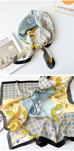 Detailed pattern of small square silk scarf with blue floral motifs and cloud elements