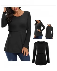 Front, side and back views of a black long-sleeve cotton nursing top for breastfeeding