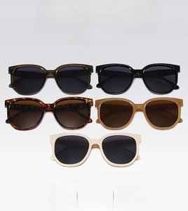 Grille détaillée de lunettes de soleil rétro en vert thé, noir, écaille et teintes ambrées