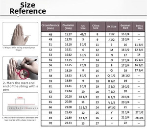 Detailed ring size chart with measurement guide and international size conversion table